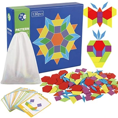 Afbeelding van Jacootoys Houten Patroonblokken Geometrische Vormen Educatief Speelgoed Cadeau Montessori Tangram puzzels voor Kinderen (130 Stuks)