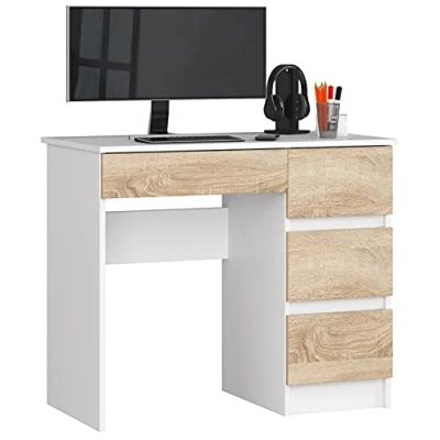 Afbeelding van AKORD Computertafel Bureau 4 laden Comfort Hoge kwaliteit Solide Voor thuis op kantoor Ergonomie het werk B90 x H77 D50 cm Wit &amp; Sonoma Eiken Front