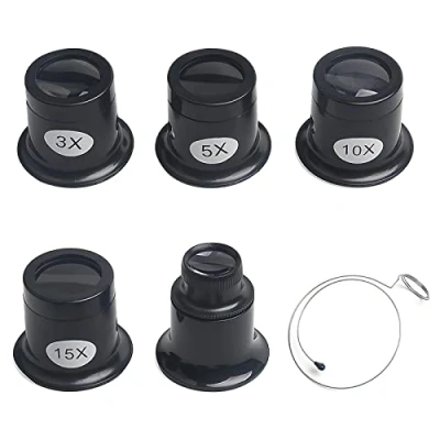 Afbeelding van Horlogemakersloep, 3x/5x/10x/15x/20x juweliersvergrootglas met vergrootglas stalen ring horlogemaker oog oculair monoculair voor sieraden diamanten horloge hobby munten horlogemakers elektricien naaien handwerk (5 stuks), zwart