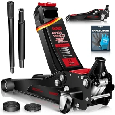 Afbeelding van MASKO® Krik hydraulische Garagekrik vlakke hefhoogte 3 Ton Autokrik met 2x rubber pads en Handschoenen rangeerkrik hydraulisch 360 rollen onder standaard, Zwart