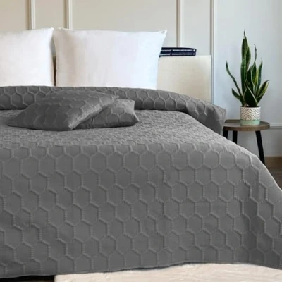 Afbeelding van Euromat sprei, doorgestikte dubbelzijdig, sprei met 2 kussenslopen 40 x cm, donkergrijs, grafiet, Parla 3D, 180 220 cm