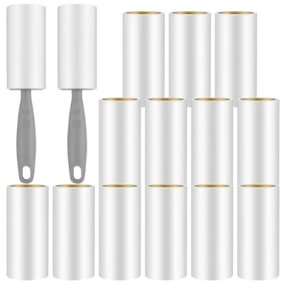 Afbeelding van Omtofo 15 rollen pluisroller met 2 handgrepen, 900 vellen extra kleverige lint roller, pluisrol dierenhaar, voor kleding, haar, bank, bed, kattenhaar, hondenharen