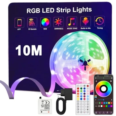 Afbeelding van Anmossi Ledstrip 10m,RGB Kleurverandering Led Strip met Bluetooth App en Afstandsbediening,Dimbaar,Muzieksynchronisatie,Timing Licht voor Woondecoratie,Slaapkamer,Feest