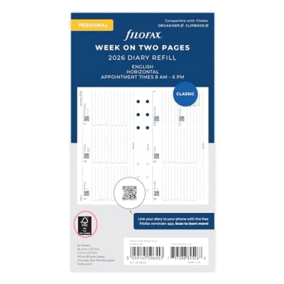 Afbeelding van Filofax Persoonlijke horizontale week op twee pagina&#039;s met afspraken Engels 2026 dagboek 26 68420