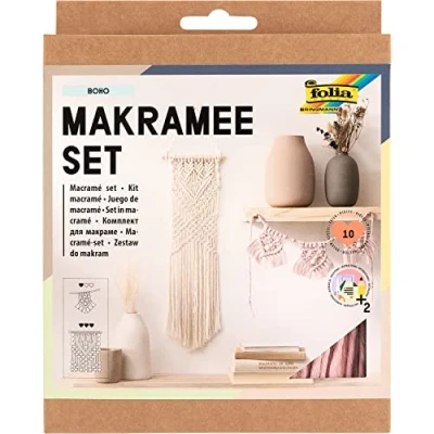 Afbeelding van folia 23719 Boho macramé, 10 delig, garen (natuurlijk beige), (roos), houten stok, kralen, 100% katoen, met handleiding, voor knutselen en knopen