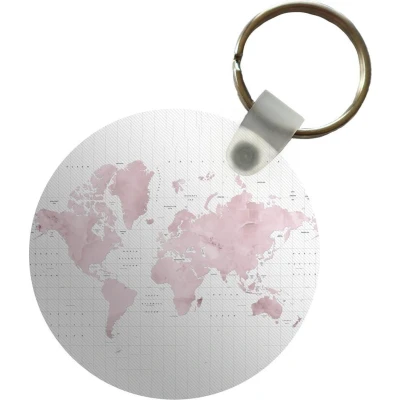 Afbeelding van Sleutelhanger Wereldkaart Roze Marmer Plastic Rond Uitdeelcadeautjes