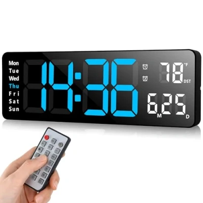 Afbeelding van Fuloon digitale wandklok, USB wandklok met 13 inch groot display, led klok afstandsbediening, timing en countdown, datum, week, temperatuur, wekker voor thuis, slaapkamer,