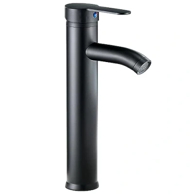 Afbeelding van Hoge wastafelarmatuur voor badkamer, roestvrij staal, eengreepsmengkraan koud en warm water met meegeleverde slangen, gebogen uitloop, matzwart