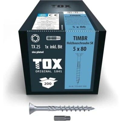 Afbeelding van TOX Houtbouwschroeven TIMBR SK 5,0 x 80 mm, blauw verzinkt met verzonken kop, TX25, schroeven voor gemakkelijk indraaien en vlakke montage in houtbouw, 200 stuks doos, incl. 1x bit, 112040415080
