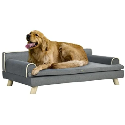 Afbeelding van PawHut Sofa voor honden en katten, Scandinavisch design, zacht kussen, afneembaar, poten van massief hout, 100 x 62 32 cm, grijs