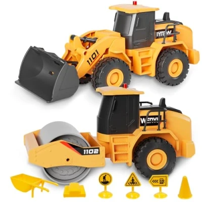 Afbeelding van TOYABI Bouwplaatsvoertuigen voor kinderen, set van 2 zandspeelgoed met muziek en licht, bulldozer wals vrachtwagenspeelgoed, cadeau jongens meisjes, kinderen 3, 4, 5, 6, 7, 8 jaar