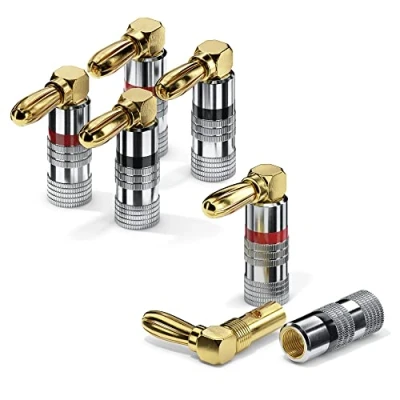 Afbeelding van conecto Bananenstekker voor luidsprekerkabel, set van 4, 90 hoek stekker, verguld met kleurcodering 24kt rood/zwart