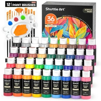 Afbeelding van Set met acrylverf, Shuttle Art 36 kleuren (60 ml, 56 gram) 3 penselen en 1 palet, ambachtelijk schilderen, rijke pigmenten, niet giftig voor kunstenaars, beginners kinderen op stenen, handwerk, canvas, hout, stof keramiek