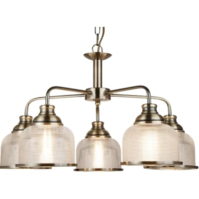Afbeelding van Searchlight Hanglamp Bistro II 5 lamps messing/ribbelglas