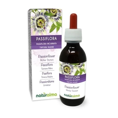 Afbeelding van Wilde passiebloem (Passiflora incarnate) kruid met bloemen Alcoholvrije moedertinctuur Naturalma Vloeibaar extract druppels 120 ml Voedingssupplement Veganistisch