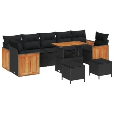 Afbeelding van vidaXL 10 delige tuinsofa set met kussens, zwart poly rattan en acacia
