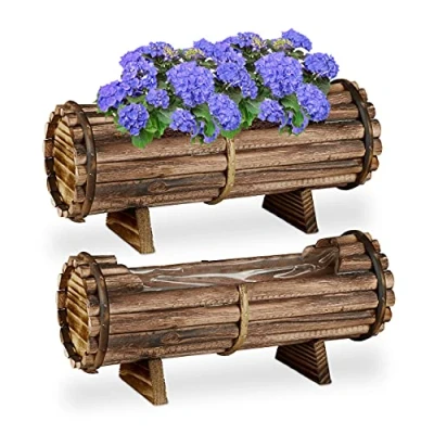 Afbeelding van Relaxdays Plantenbak set van 2 hout bloembak binnen &amp; buiten met folie balkonbak