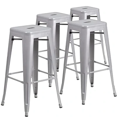 Afbeelding van Flash Furniture 4 stuks in de verpakking 76,2 cm hoge rugvrije zilveren barkruk met vierkante zitting van metaal voor binnen en buiten