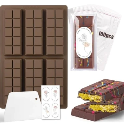 Afbeelding van Diaxilu chocoladevorm van siliconen, 6 borden, diepe chocoladebord, siliconen vorm met schraper en tas stickers, Dubai voor chocolade, bonbons, snoep, BPA vrij (vierkant)