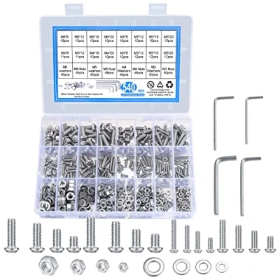 Afbeelding van Schroevenset, 540 stuks roestvrijstalen zeskopschroeven en moeren, sluitringen, M3, M4, M5, M6, lenskopschroeven, assortimentsset, schroeven, machineschroeven, met schroefsleutel