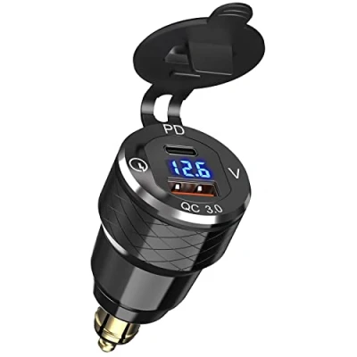 Afbeelding van Aluminium Din Socket Motorfiets Snel Oplader: Qidoe QC3.0 18W en PD20W Hella naar USB Adapter met Spanningsweergave voor Ducati Triumph BWM Moto 12V 24V Andere Europ Stijl Motorfietsen