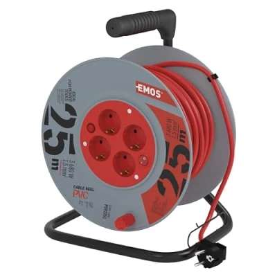 Afbeelding van EMOS Kabelhaspel 25m met schakelaar 4 geaarde stopcontacten 230 V, 16 A, 3680 W hoogwaardige PVC isolatie H05VV F3G 1,5 mm2 oververhittingsbeveiliging IP20 voor binnen