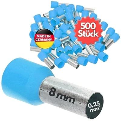 Afbeelding van 500 stuks Kalitec AE02508HBL adereindhulzen geïsoleerd 0,25 mm² 8 mm lang lichtblauw I Made in Germany Industriële kwaliteit