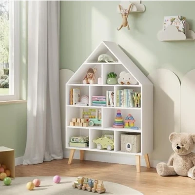 Afbeelding van WOLTU Kinderboekenkast, staand rek, huisvorm, kinderrek, opbergrek voor kinderen, kinderkamerrek met 5 niveaus, speelgoedorganizer, speelgoedrek, wit, KR010