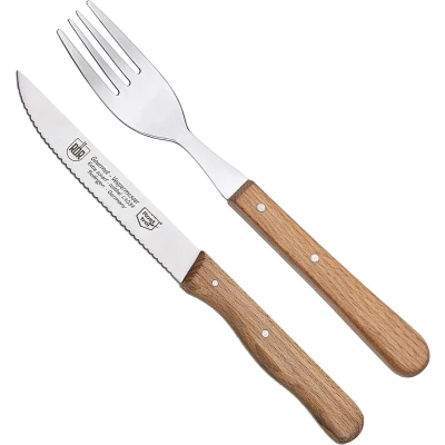 Afbeelding van RÖR Solingen Steakmes Vespermes Gekarteld Set met Vork RVS Beukenhout 2 delig