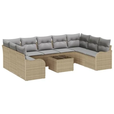 Afbeelding van vidaXL 10 delige Tuin Sofa Set met Kussens Zwart Poly Riet, 2 zitter Beige Riet