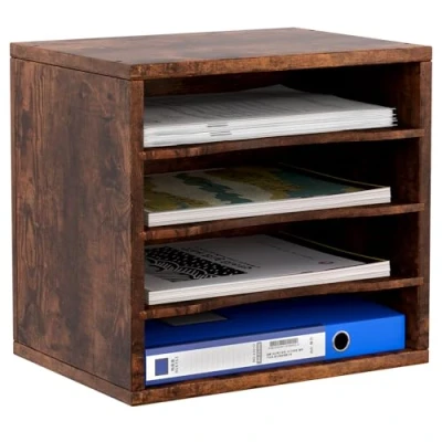 Afbeelding van EasyPAG Houten Desktop 4 Tier in Tray A4 File Houder Magazine Organizer Mail Sorter Office Bureau Opgeruimd Papier Opbergrek, Bruin, 352x331x260mm
