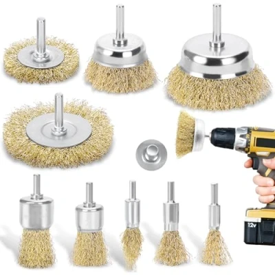 Afbeelding van DazSpirit 9 stuks metalen borstel voor boormachine, cirkelvormige slijpmachine met 1/4 inch schacht borstelset roest/corrosie/verf verwijderen