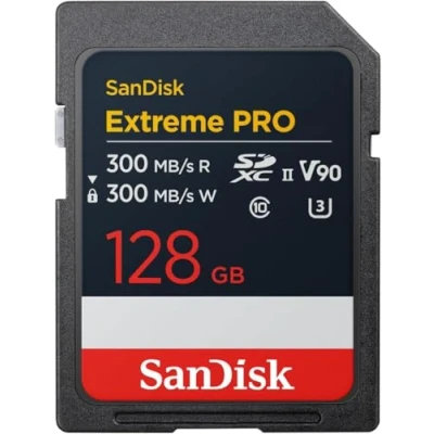 Afbeelding van SanDisk Extreme PRO 128 GB SDXC Kaart, UHS II Tot 300 MB/s leessnelheid, schrijfsnelheid, V90, 8K video opnamen van bioscoopkwaliteit