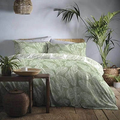 Afbeelding van Fusion Matteo Green Leaf dekbedovertrek Super kingsize beddengoed (260 x 220 cm) omkeerbaar ontwerp (witte en groene kleuren) groen blad/bladeren saliegroen