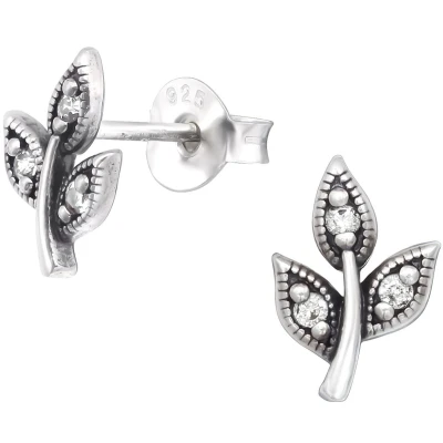 Afbeelding van JoyS Zilveren takje oorbellen met blad oorknoppen 6 x 9 mm zirkonia geoxideerd