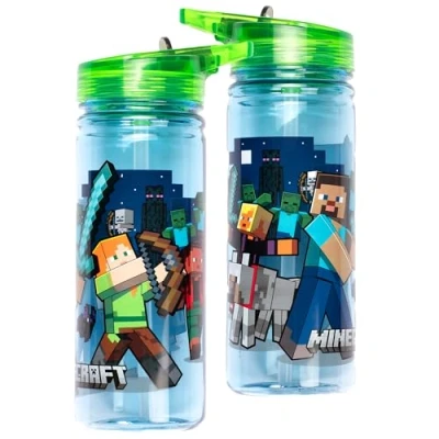 Afbeelding van Minecraft Waterfles met rietje 580 ml 100% lekvrije duurzame schoolwaterfles van sterk plastic en BPA vrij donkerblauw