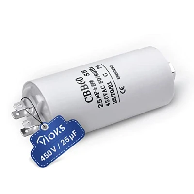 Afbeelding van VIOKS Aanloopcondensator CBB60 condensator 25µF 450V motorcondensator led ontstoringscondensator universeel met 6,3 mm AMP steekvlaggen en bevestigingsschroef M8 voor elektrische huishoudelijke