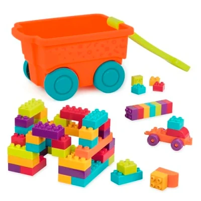 Afbeelding van Battat BT2539C1Z Locbloc bouwstenen wagen bolderkar met bouwblokken voor kinderen (54 delen) speelgoed vanaf 18 maanden,diverse