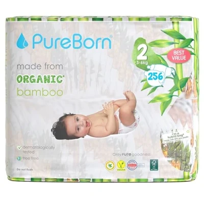 Afbeelding van PureBorn Eco Organic Bamboe Luiers, Maat 2 (3 6 kg), 256 Luiers (2x128), Hypoallergeen, Ultrazacht, Milieuvriendelijk, Assorti Print, Natheidsindicator