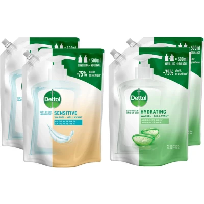Afbeelding van Dettol Handzeep Antibacterieel 2x500ml Navulling met Aloë Vera &amp; Sensitive Gevoelige Huid 75% minder Plastic Voordeelverpakking
