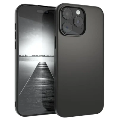 Afbeelding van EAZY CASE Hoes voor mobiele telefoon, siliconen, met camerabescherming, compatibel iPhone 15 Pro Max, mat zwart, ultradun, slimcover, siliconen hoes, softcase, backcover