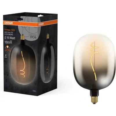 Afbeelding van OSRAM Vintage 1906 Big Oval is een warmwit filament met speciale gloeilamp, biedt 4,5 W voor 150 lm, E27, rookdesign, diameter 170 mm, CRI 80, 1800 K.
