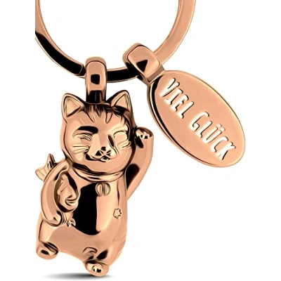 Afbeelding van LANOLU Sleutelhanger kat, gelukskat Maneki Neko, Lucky Cat sleutelhanger, geluksbrenger, moeder maker, afscheidscadeau, cadeau kattenliefhebber, 3D hoekkat figuur van metaal, Roségoud, Small,