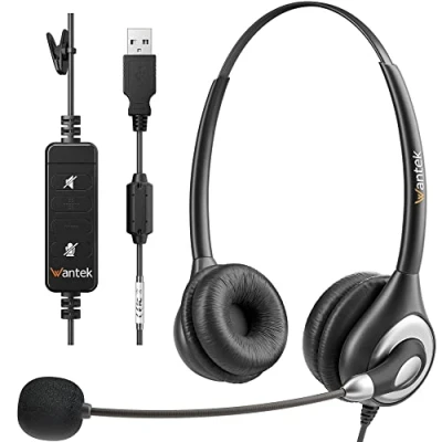 Afbeelding van Wantek 602N headsets met ruisonderdrukkende microfoon en USB stekker, type C adapter voor callcenter, pc, computer, kantoor, oproepen, online conferenties, teams, vergaderingen