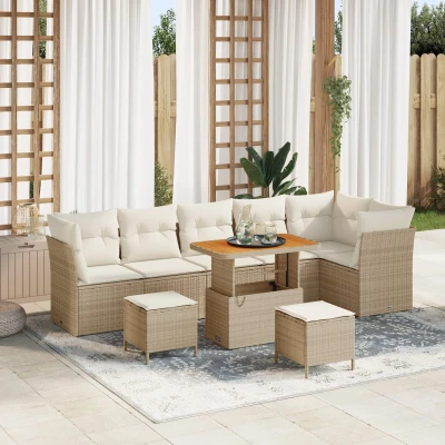 Afbeelding van vidaXL 9 delige tuinbankset met kussens Beige Poly Rattan Acacia, 3 tuin eetset Acacia