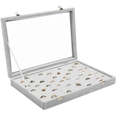 Afbeelding van Belle Vous Grijze Fluwelen Ring Sieraden Opbergdoos Lade met 100 Sleuven en Deksel Vitrine Organizer Houder Helder Transparant Glazen voor Ringen, Oorbellen Manchetknopen