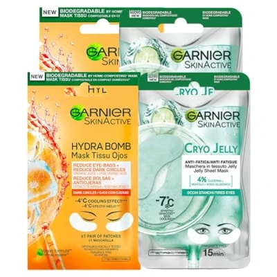Afbeelding van Garnier SkinActive Hydra Bomb oogmasker tegen donkere kringen met sinaasappelsap en hyaluronzuur, 4 patches + Cryo Jelly oogmasker, anti vermoeidheid, ijs effect glycerine menthol,