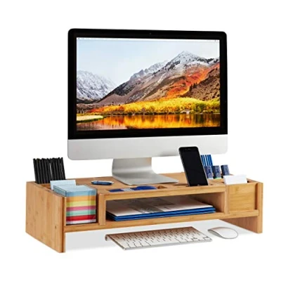 Afbeelding van Relaxdays Monitorstandaard monitorverhoger beeldschermverhoger bamboe organizer