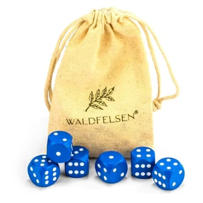 Afbeelding van Waldfelsen 6, 12, 20, 30 of 50 hoogwaardige houten dobbelstenen van echt beukenhout, 16 mm standaard met stoffen zak, kubusset (blauw, 6 stuks)