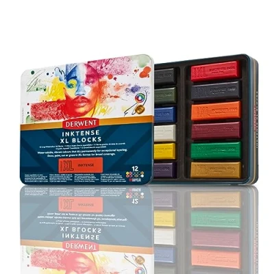 Afbeelding van Derwent Inktense XL Blocks, Blik van 12 Waskrijtjes, 60mm, Extra Grote Krijtjes, Wateroplosbaar, Ideaal voor Schetsen, Tekenen en Expressieve Vlekken, Professionele Kwaliteit, 2306162